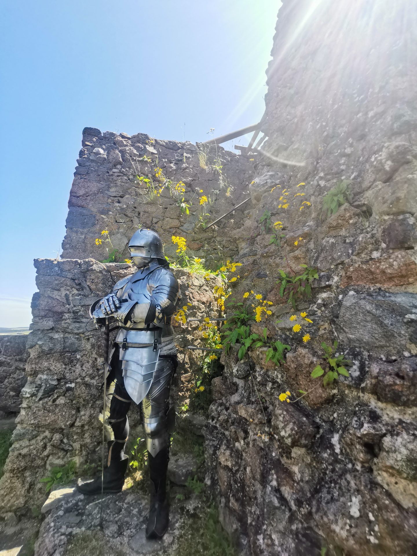 Ritter in voller Rüstung lehnt an einer Burgmauer zwischen gelb blühenden Wildpflanzen