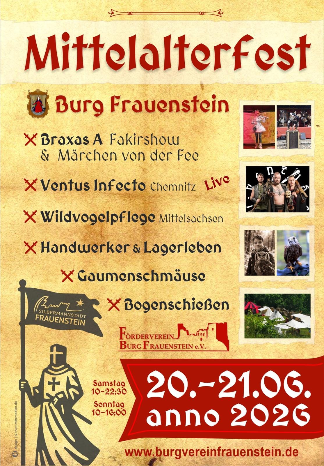 Veranstaltungsplakat Mittelalterfest 2026 auf Burg Frauenstein